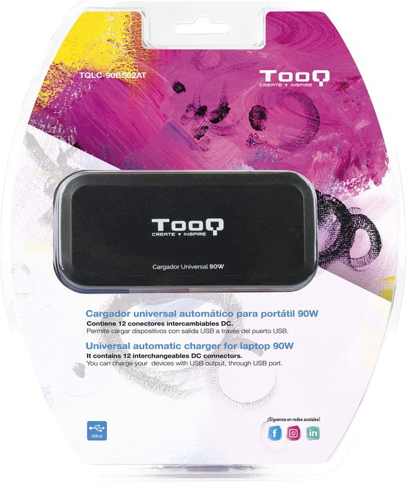 TooQ Cargador Automático Universal para Portátil TQLC-90BS02AT - 90W, 12 Conectores DC, 2 Puertos USB, Voltaje 12-20V